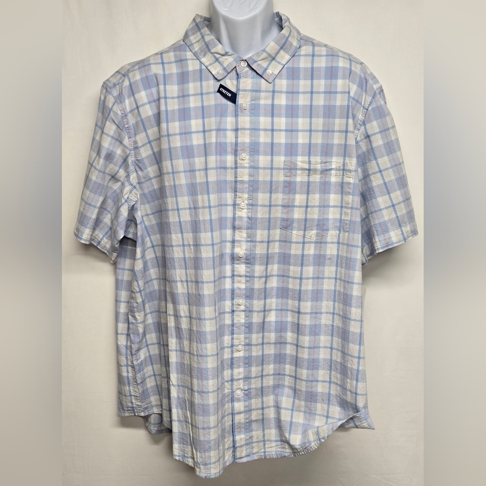 George 3XL 54-56 Short Sleeve Button Down Shirt Plaid Poplin Stretch Cotton